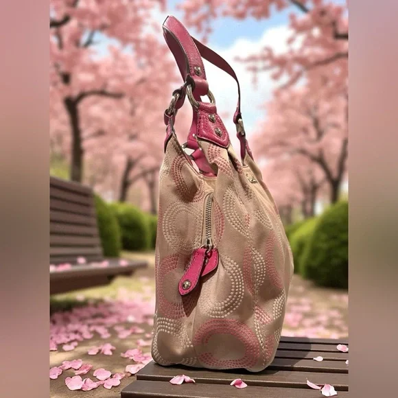 Coach F21920 Op Art Dotted Ashley Hobo Shoulder Bag Khaki Pink Branded Keychain - Picture 14 of 16